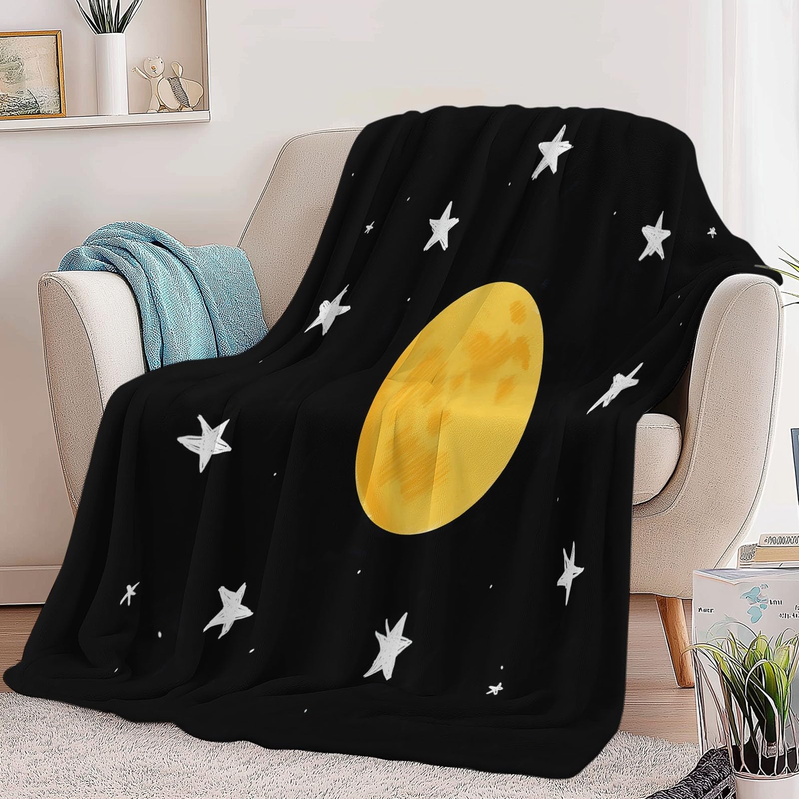Manta de Franela Suave y Cálida 200 x 200 cm Libro Ilustrado Infantil Estrellas Y Luna – Manta de Cama o Sofá con Estampado 3D de Líneas Onduladas, Ligera y Confortable, para Adultos y Niños, Negro