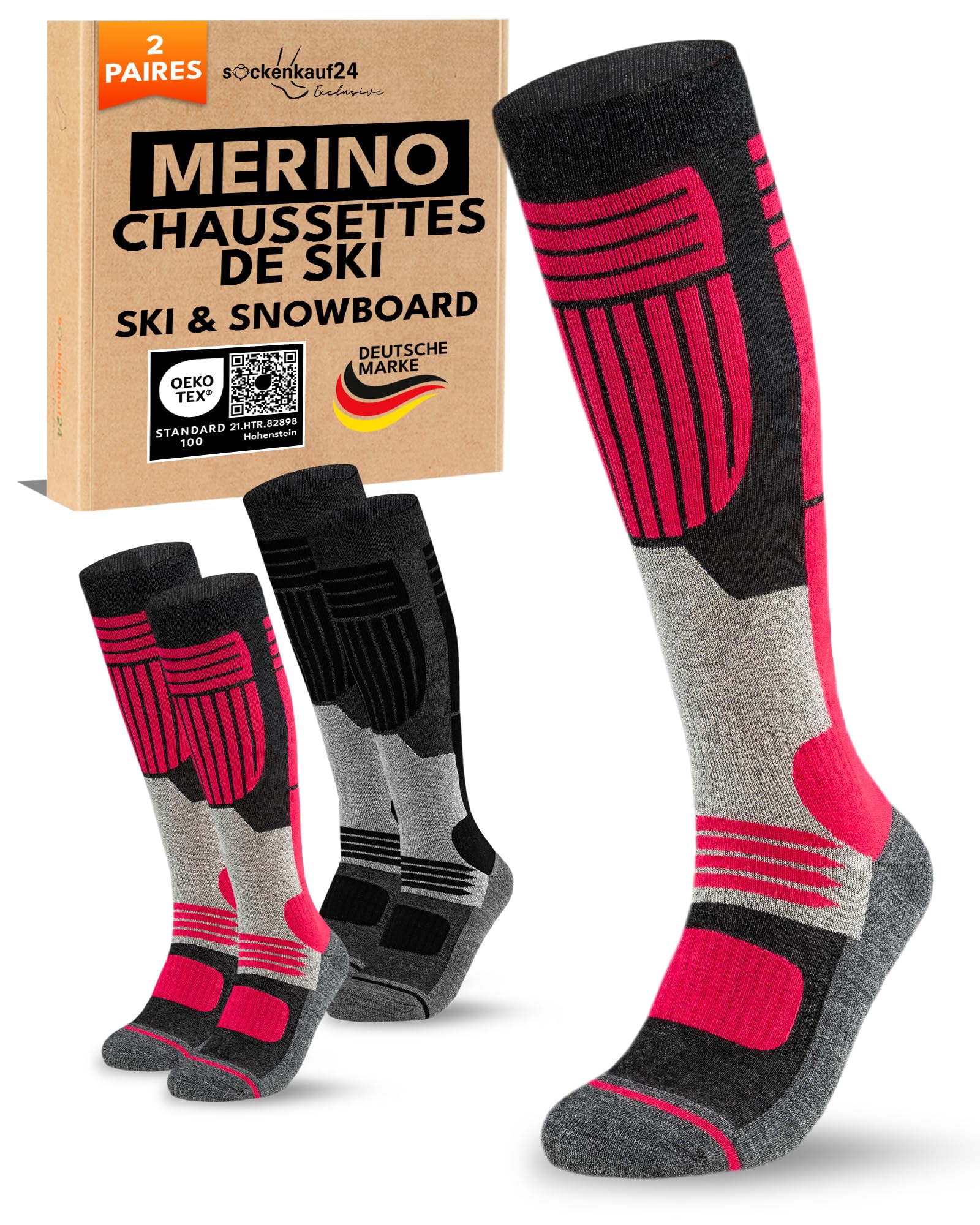 sockenkauf24 Chaussettes de Ski Femme Laine Merinos 2 Paires