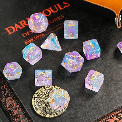 Miniatura 2 de UDIXI Juego de 11 dados poliédricos DND dados de remolinos iridiscentes para juegos de rol mazmorras y dragones dados DD azul morado