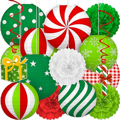 Miniatura 9 de Juego de 15 adornos de Navidad – 9 linternas de papel rojo, blanco y verde, 4 pompones, 2 espirales colgantes para interiores, hogar, fiesta de