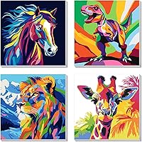 AILIBUT 4 Pack Paint by Numbers Kits for Kids Ages 4-12 - Framed Horse Dinosaur Canvas Art Sets, Beginner DIY Painting 8x8 Inch