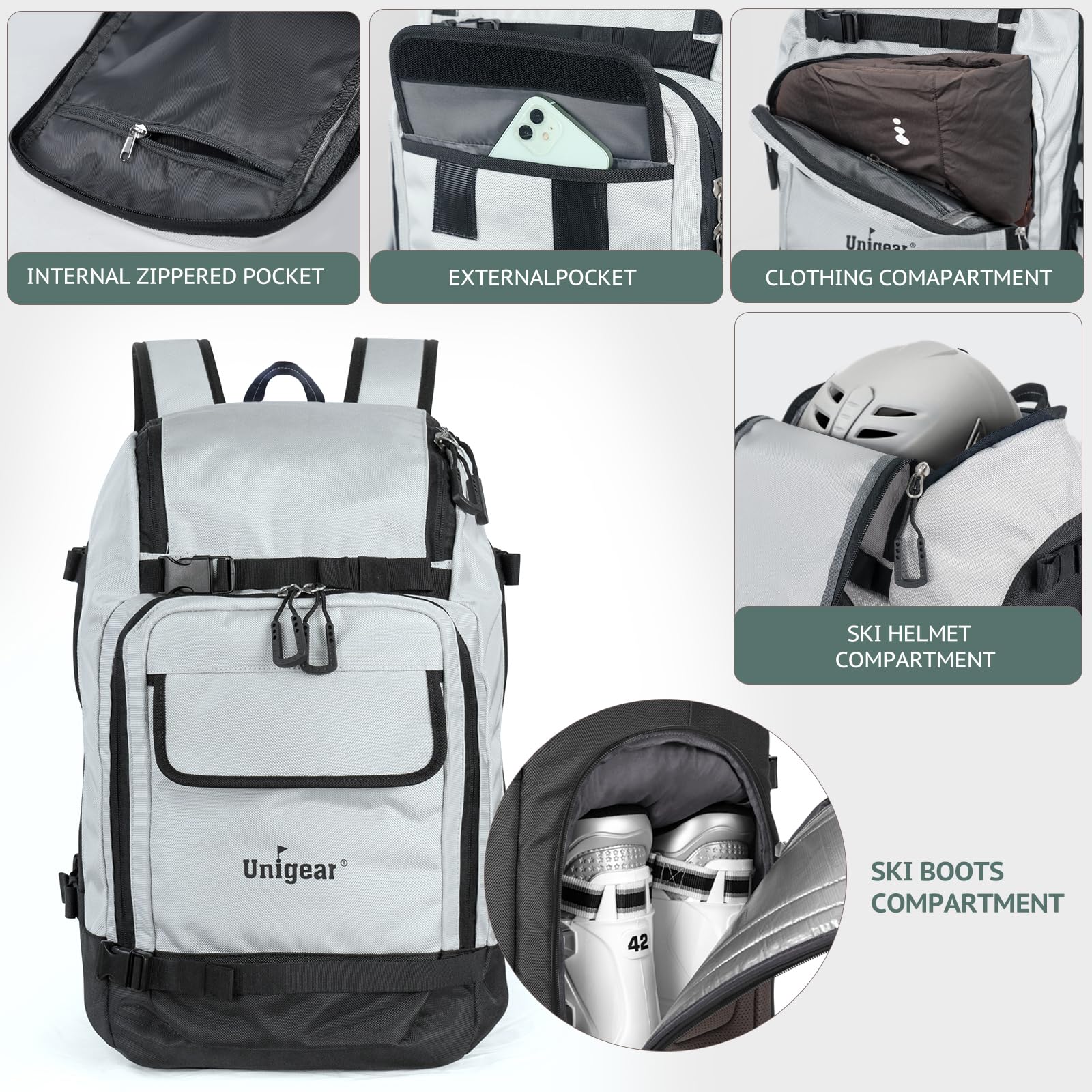 Unigear Borse per Scarponi Sci, 50L/70L Zaino per Scarponi da Sci Snowboard con Sistema Molle Negozio Attrezzatura Inclusa Scarpe, Giacca, Casco, Occhiali, Guanti, Scarponi da Neve
