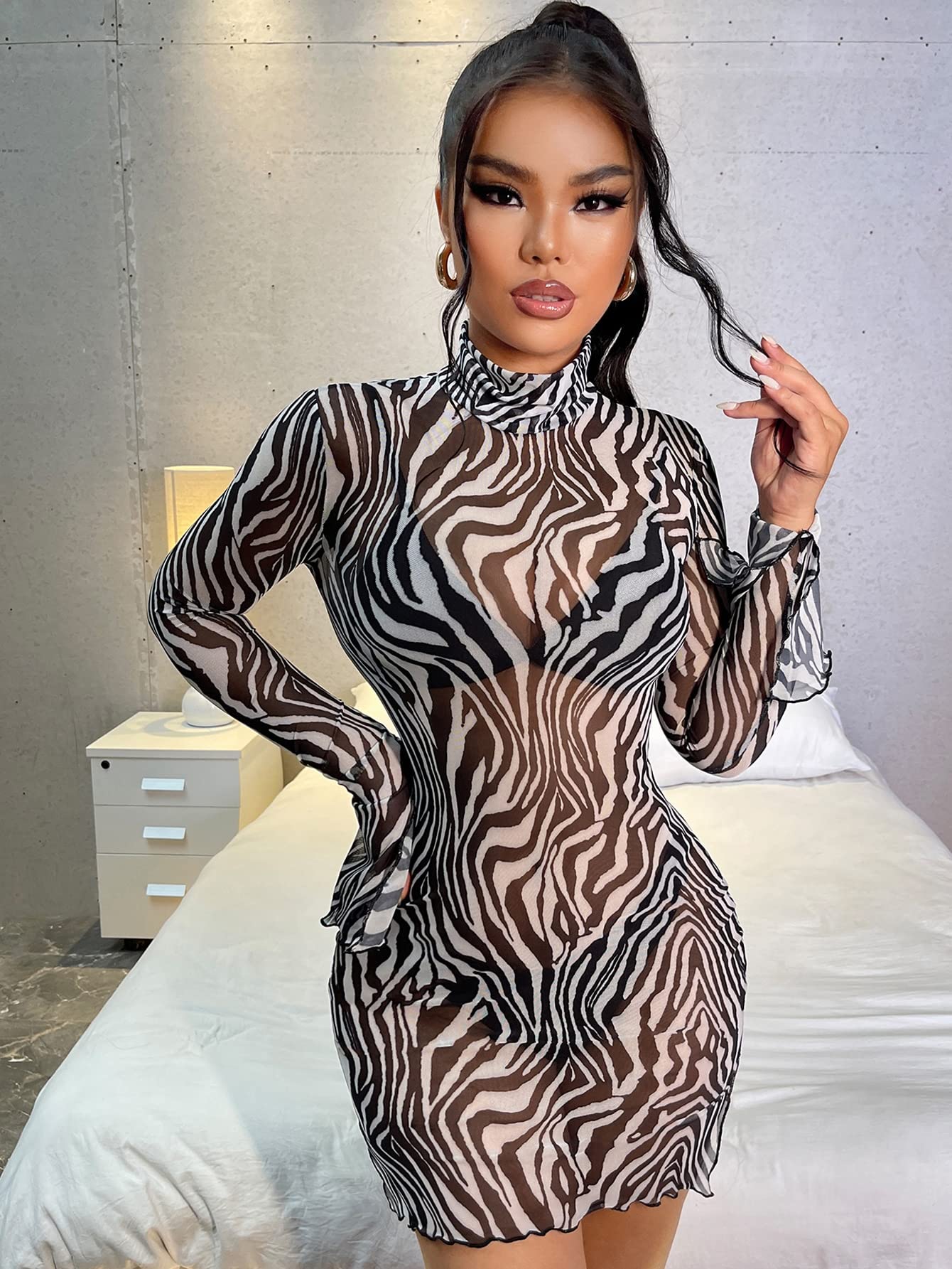 striped mesh bodycon dress Aloruh Women's Autumn/Winter New Tie Dye Striped Mesh Backless Flare Sleeve Bodycon Knit Dress