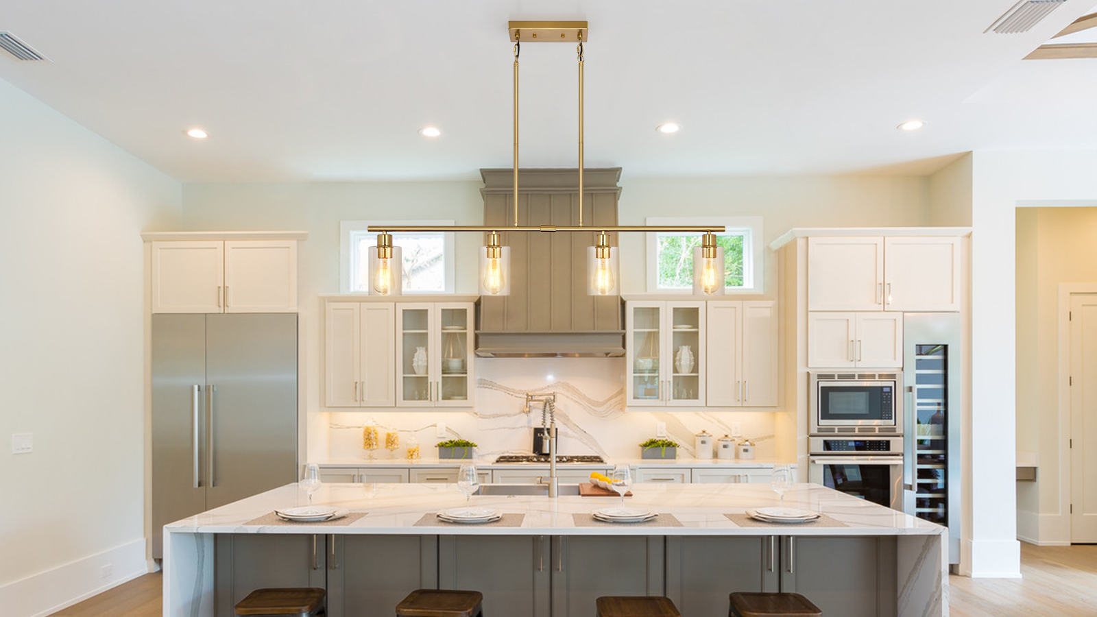 Image of 4-Light Brushed Brass Kitchen Island Chandelier with Glass Shades