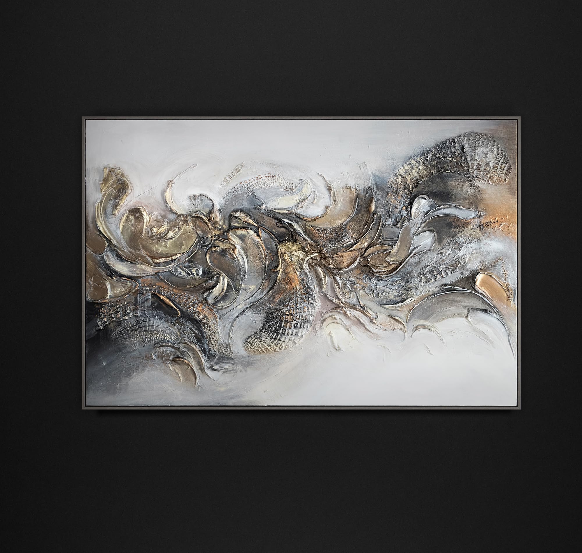 YS-Art Abstrakt Acryl Gemälde 140x100cm - Handgemaltes Wandbild Schwarz Gold