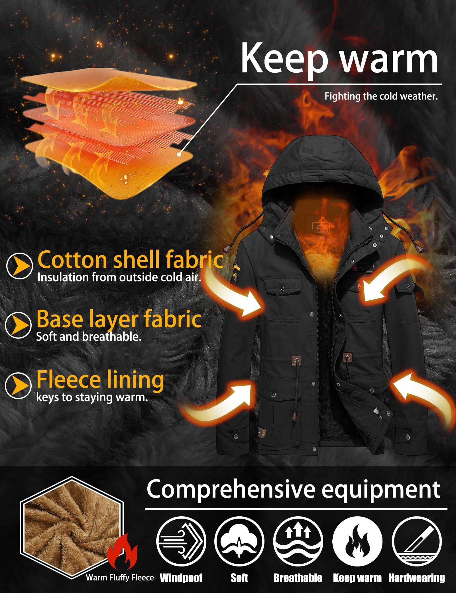 TACVASEN Herren Winterjacke Warme Fleecejacke Militärjacke Lässige Gefütterte Cargojacke Thermo Outdoorjacke Arbeitsjacke