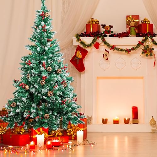 Miniatura 6 de SPORTYOUTH Árbol de Navidad artificial de 5 pies, árbol de Navidad falso flocado de nieve de alta calidad con conos de pino, soporte de metal de