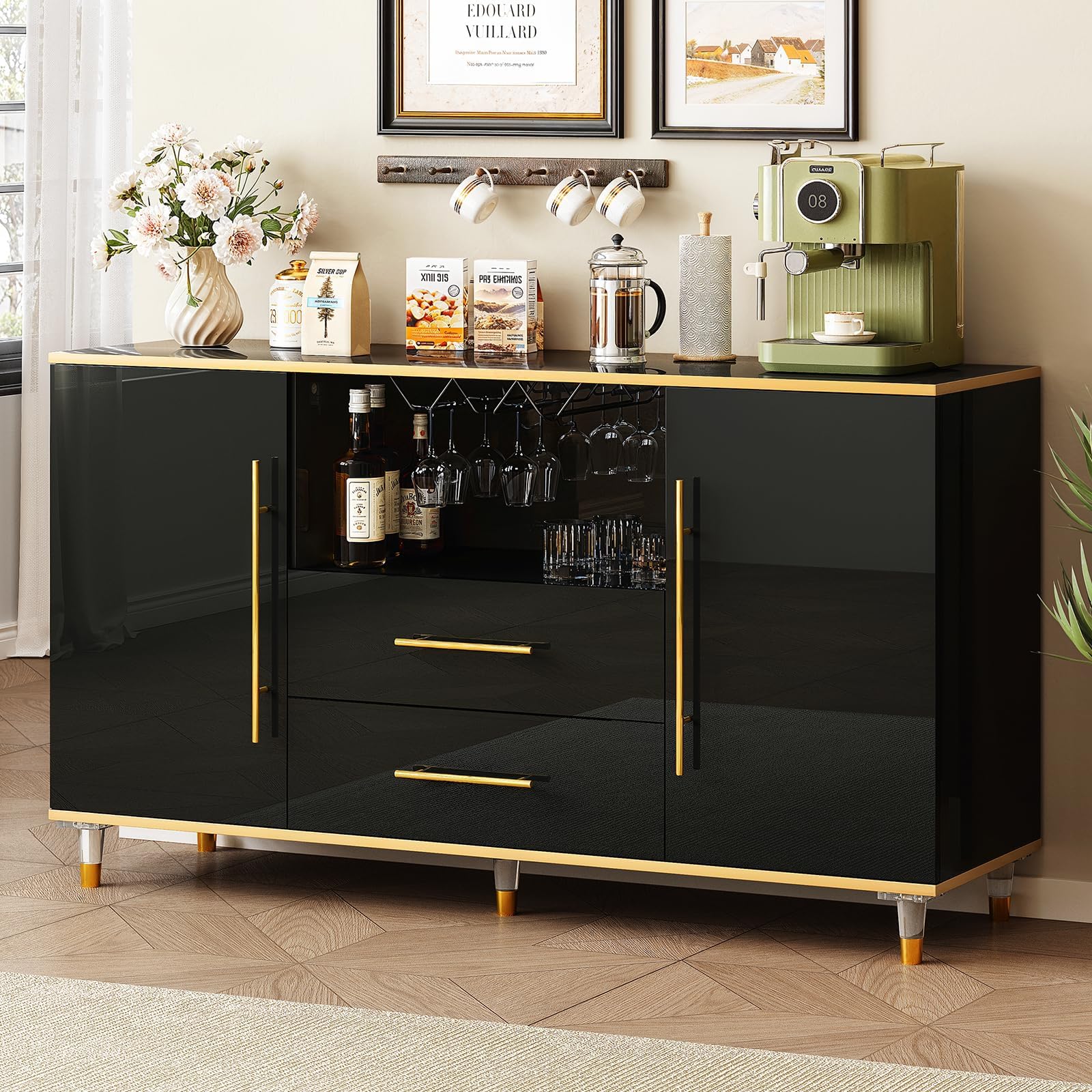 Buffet Cabinet, 55" Kitchen Sideboard Cabinet with 2 Drawers and Wine Glass Holder, High Glossy Sideboard Storage w/Adjustable Shelves, Coffee Bar Cabinet for Kitchen, Living Room, Black & Gold