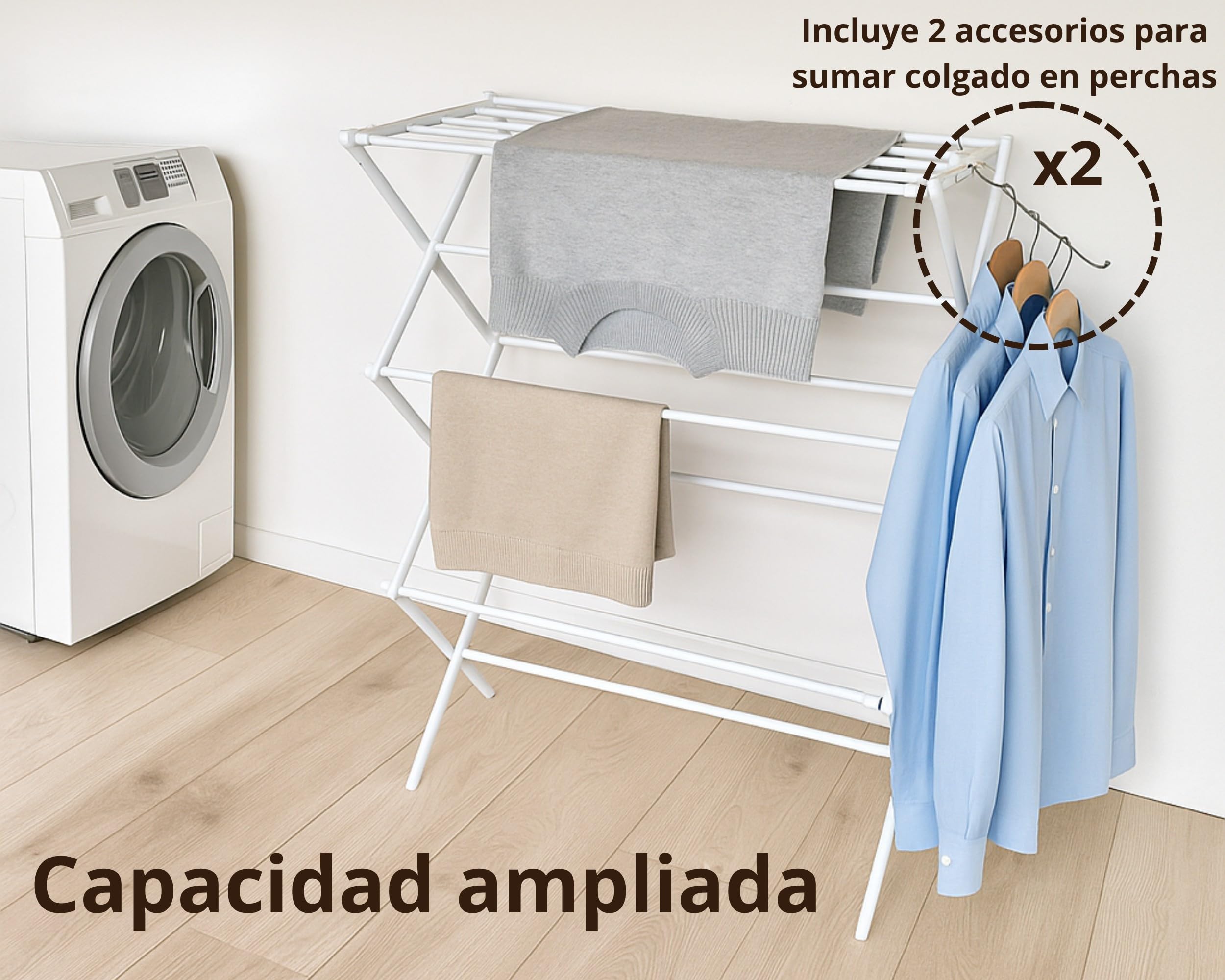 Tendedero Metálico Extensible y Plegable para Ropa | 58–102 x 41,5 x 105,5 cm | 2 Brazos para Perchas | Secar Camisas, Toallas y Prendas Largas | Compacto y Robusto | Blanco