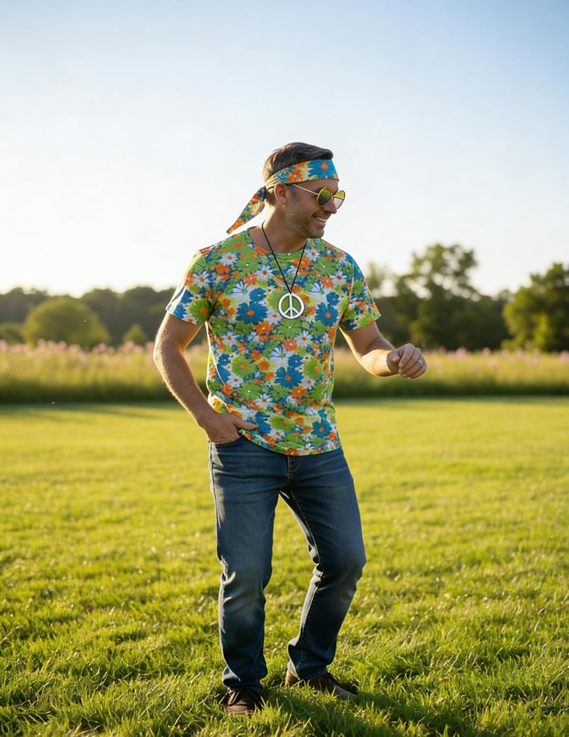 4 PCS Hippie Costume for Mens 60s 70s Outfit Colorful T-shirt Accessories Set for Theme Party - Image 2