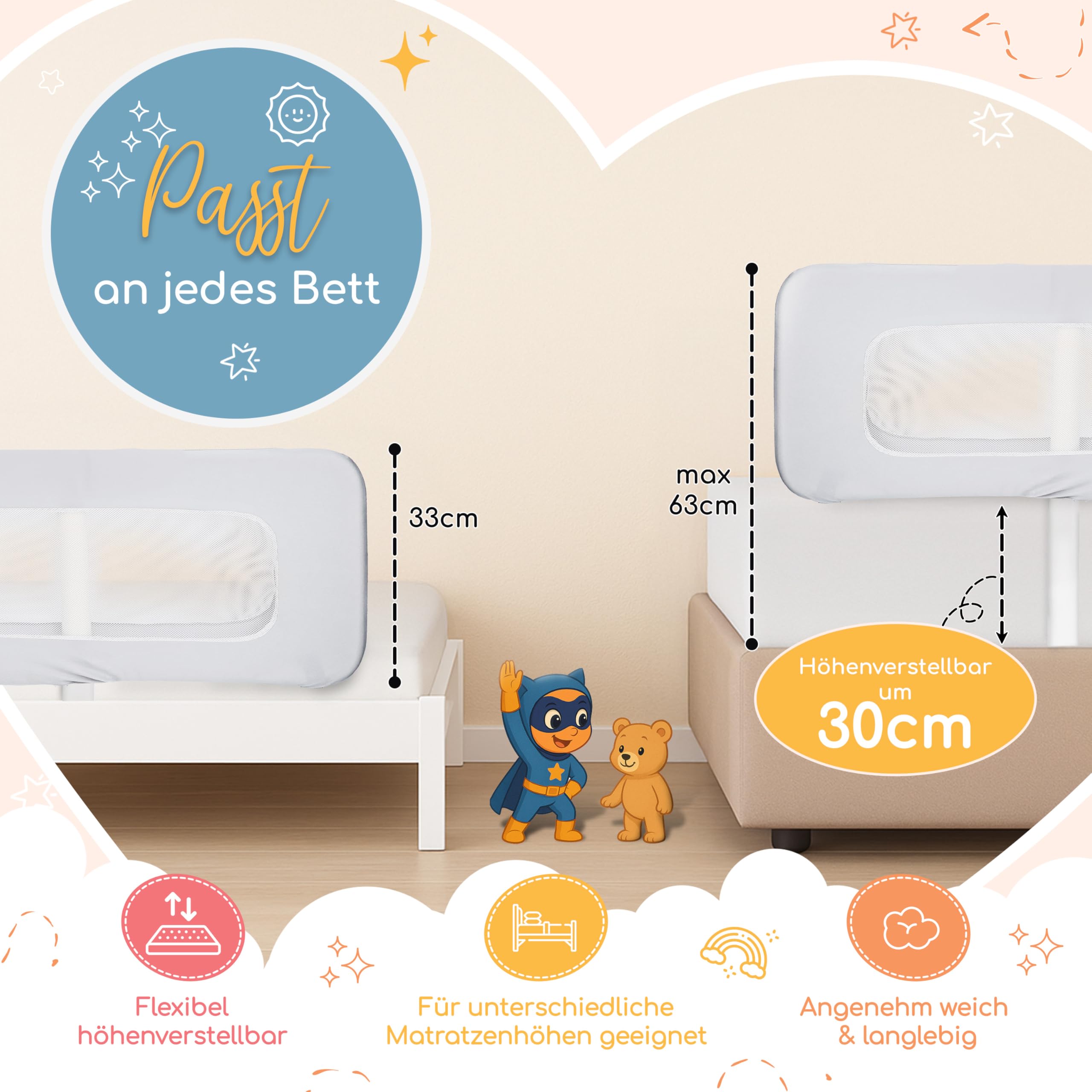 zoula kidz® faltbares Bettgitter als Rausfallschutz Bett Reise - Klappbar & Höhenverstellbar - Bettschutzgitter für Boxspringbett, Elternbett, Kinderbett - Mit Tasche & Gurt - ultrakompaktes Packmaß
