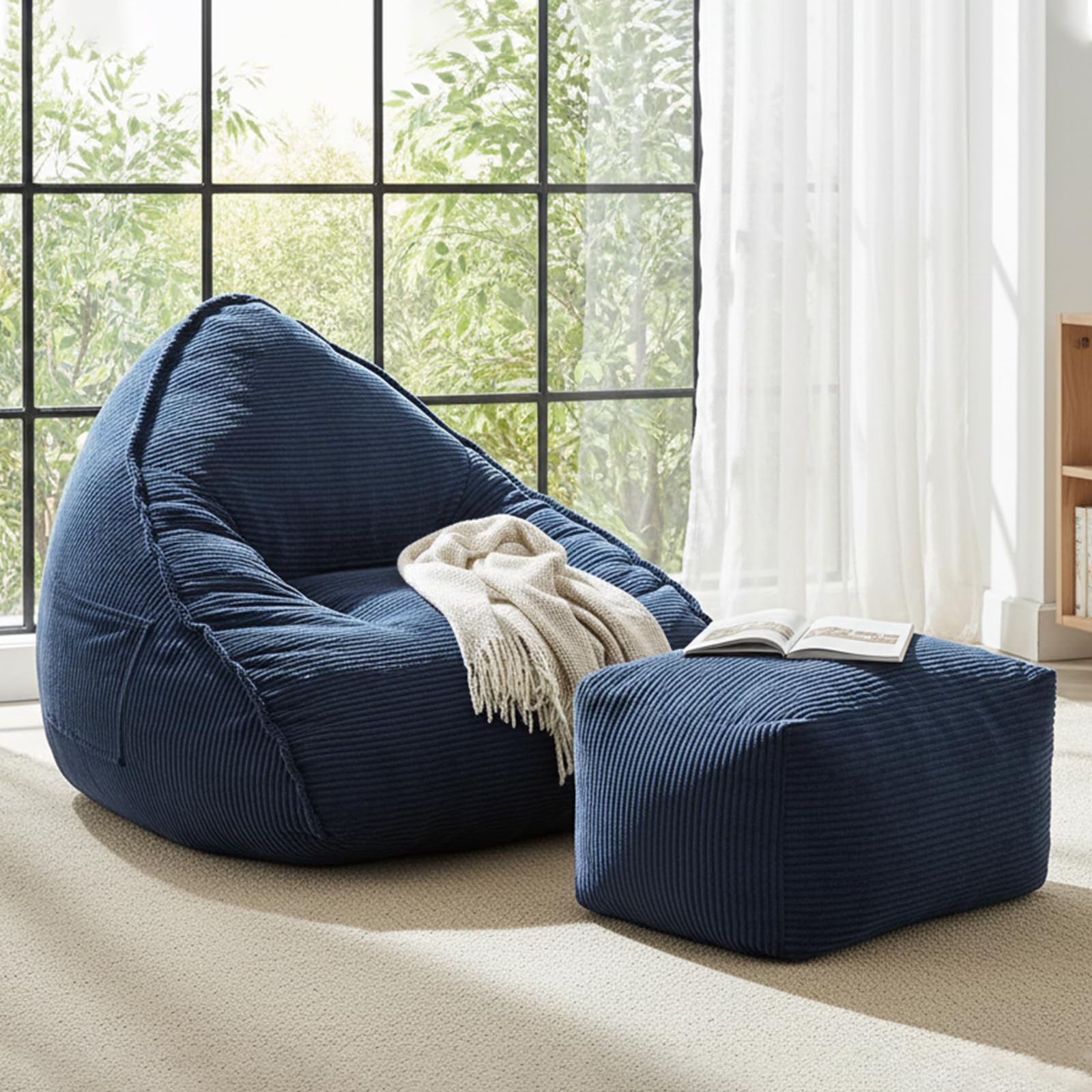AIMSTYTO Cloud Large Bean Bag Chair with Ottoman, Corduroy Lounge Chair with 35D High-Density Foam, Beanbag Chair for Adults Boneless Floor Chair for Living Room, Bedroom & Apartment (Dark Blue)