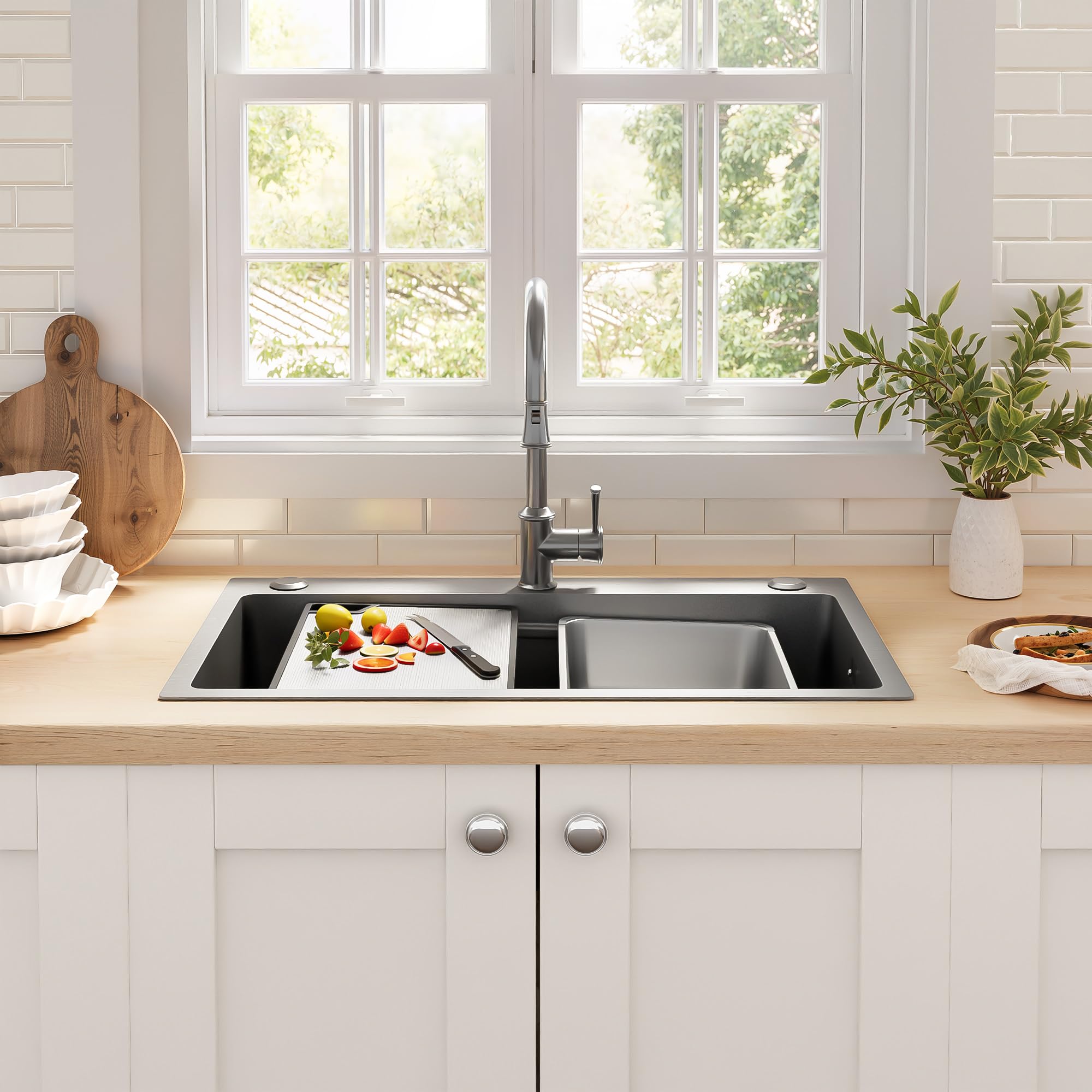 75 x 45 cm Fregadero empotrable de acero inoxidable con tabla de cortar, lavabo adicional y cesta colador, fregadero de cocina recubierto de PVD, construcción silenciosa, desagüe cascada y 3 orificios