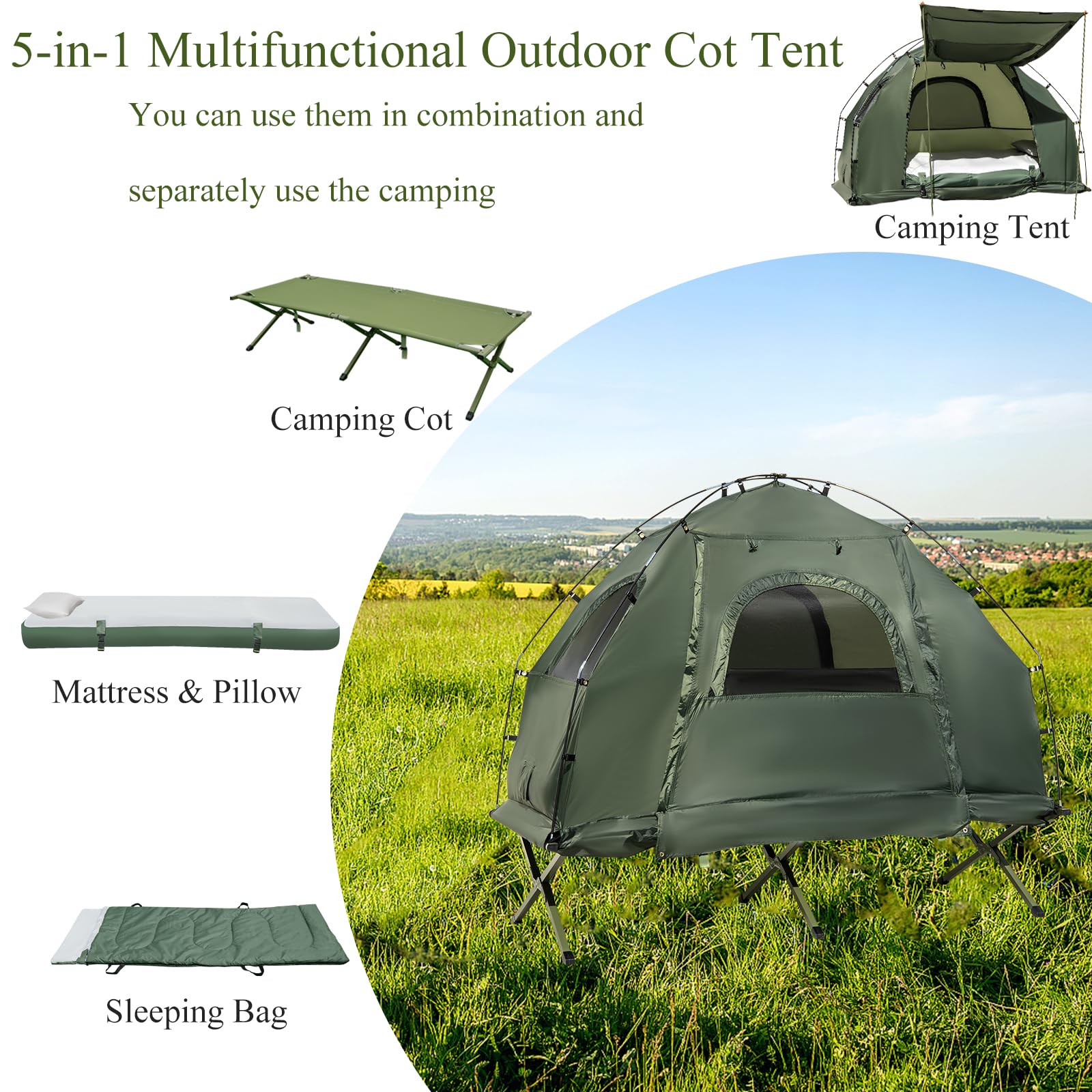 Tente De Camping 4 En 1 Pour 2 Personnes - Avec Lit De Camp Surélevé Et Matelas Auto-gonflant - Imperméable 1500 Mm - Dimensions 194x146x160 Cm