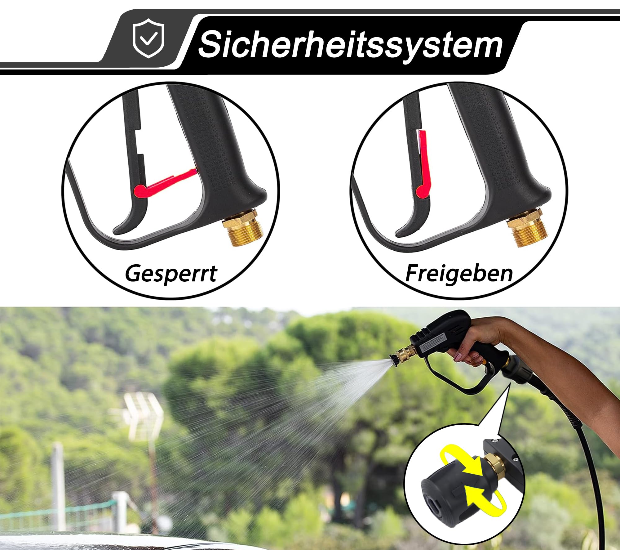 Pistolet haute pression court – Pièce à main de nettoyeur haute pression avec 5 buses ; pistolet compact haute pression compatible avec tous les tuyaux Kärcher série K ainsi que les tuyaux (Noir)