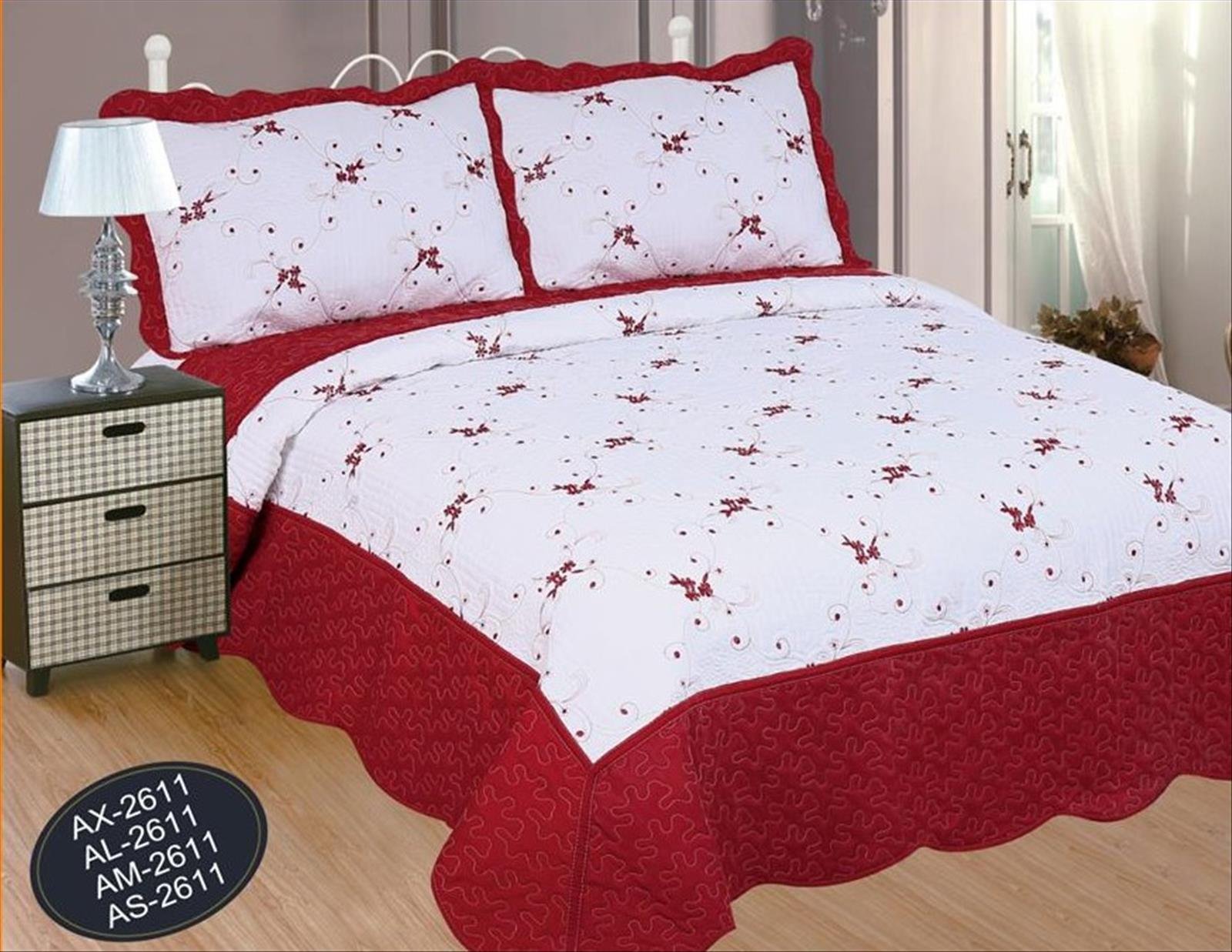 ForenTex- Colcha Boutí Cosida y Bordada, (AL-2611), Cama 150 cm, 250 x 270 cm, Granate, +2 Fundas cojín 50 x 70 cm