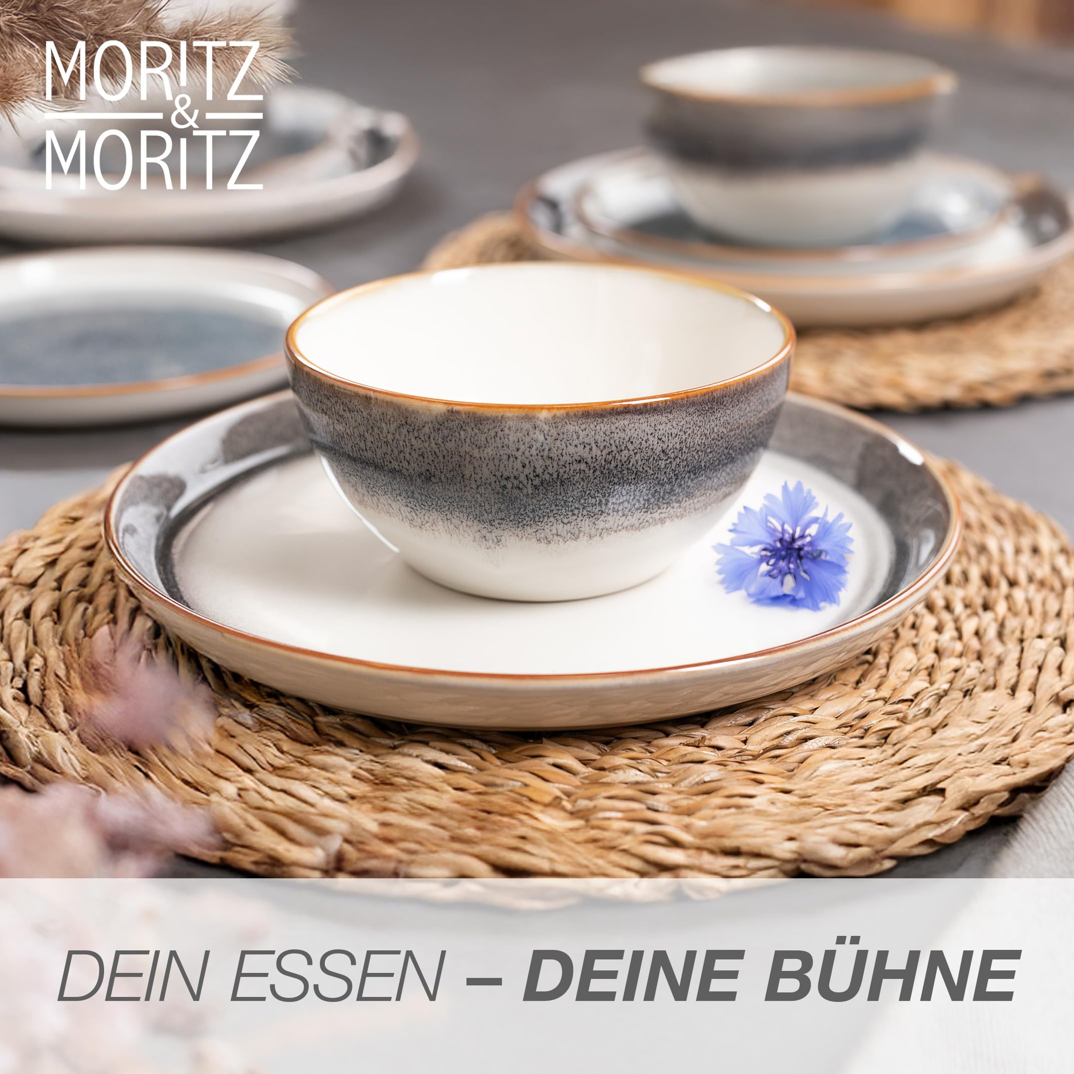 Moritz & Moritz TARENTO 48-tlg. Geschirrset 12 Personen Grau - Elegantes Teller Set aus hochwertigem Steinzeug - Geschirr Set aus 12x Dinnerteller, 12x Dessertteller, 12x Suppenteller & 12x Tassen