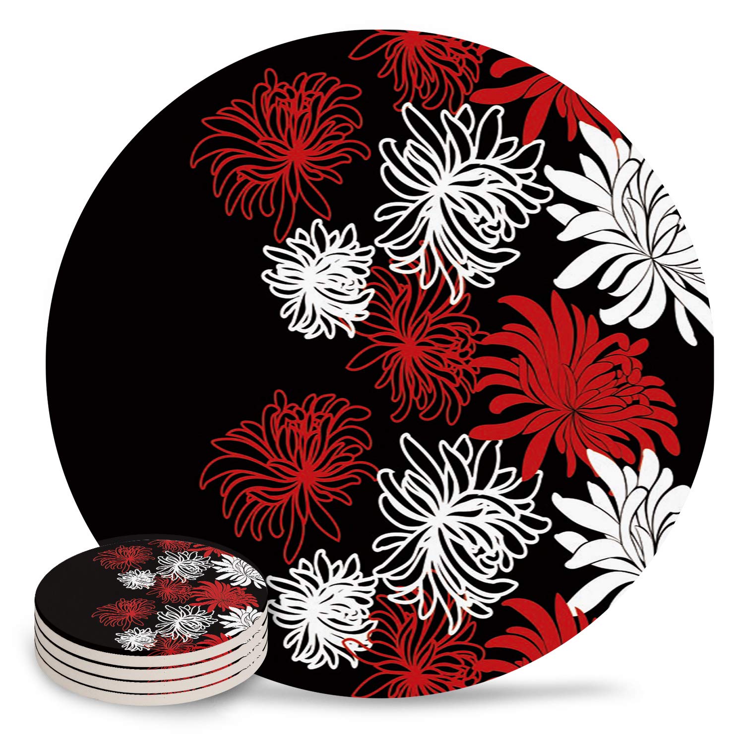 Coasters for Drinks,Anti Slip Ceramic Stone Coaster Sets of 4,Chrysanthemum Flower Painting Black White Red Cup Coaster with Cork Base for Wooden Table,Housewarming Gift