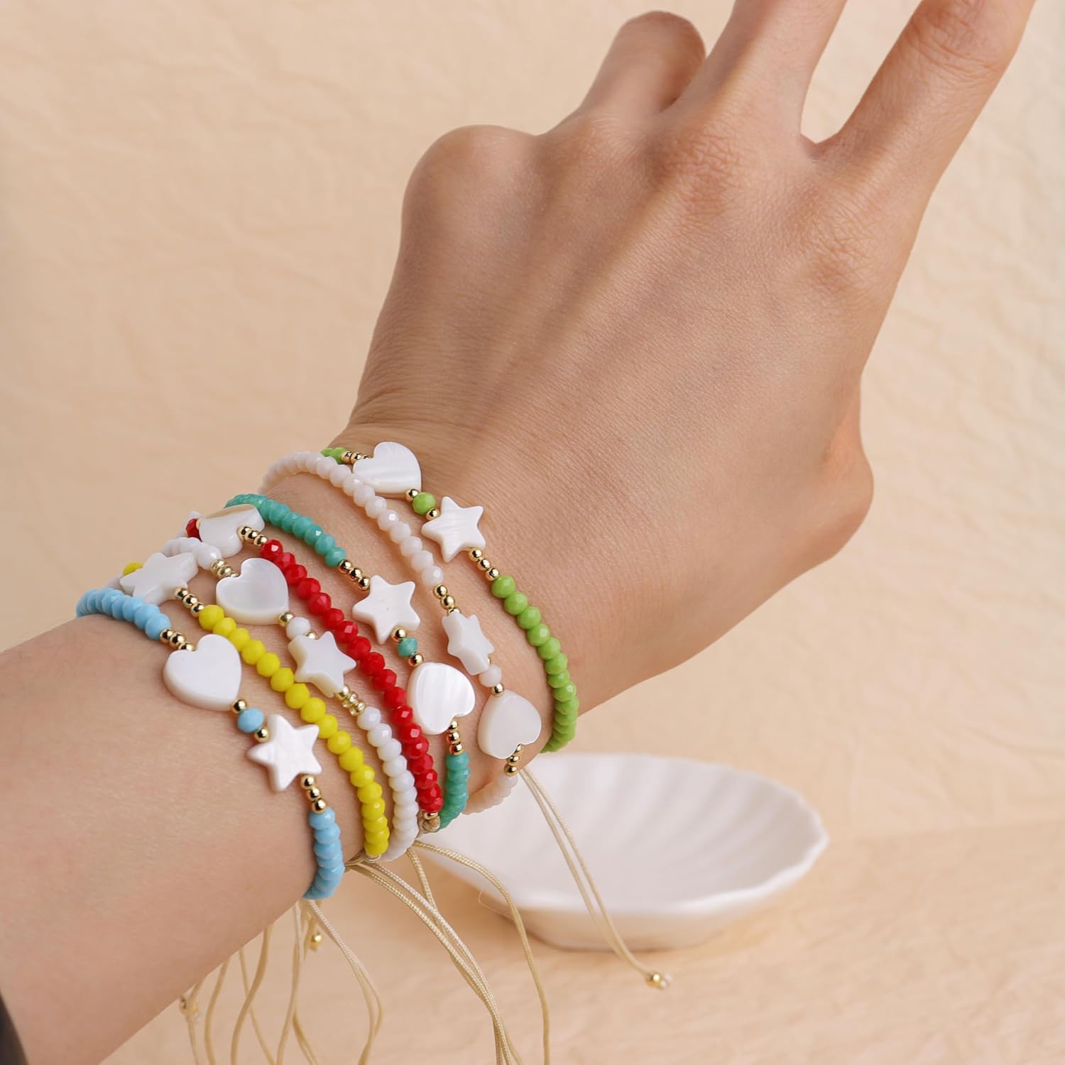 Valentines Day Handmade Stone Beaded Love Heart Star Strand Bracelets for Women, Cute Adjustable String Braided Boho Gold Beads Friendship Bracelets Holiday Prom Jewelry Gift - Image 2