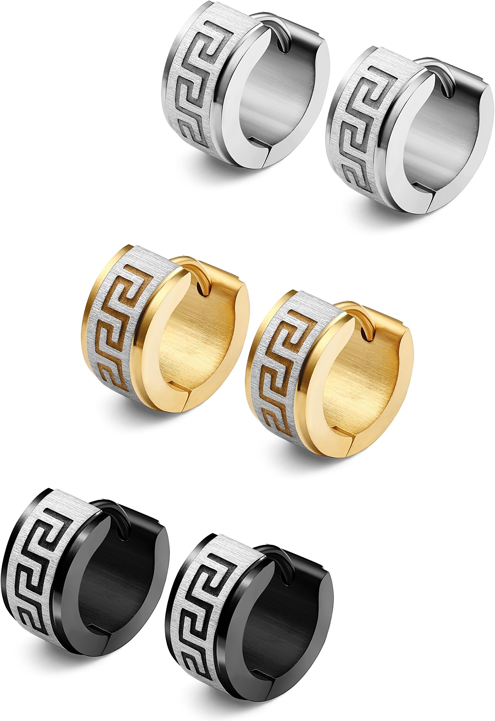 3 Pairs Men's Hoop Earring Stainless Steel Hoop Earrings for Men Women Huggie Earrings Unique Greek Key Fashion Huggie Earrings Piercing Jewelry