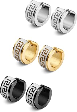 Jstyle 3 Pairs Mens Hoop Earring Stainless Steel Hoop Earrings for Men Women Huggie Earrings Unique Greek Key Fashion Huggie Earrings Piercing Jewelry