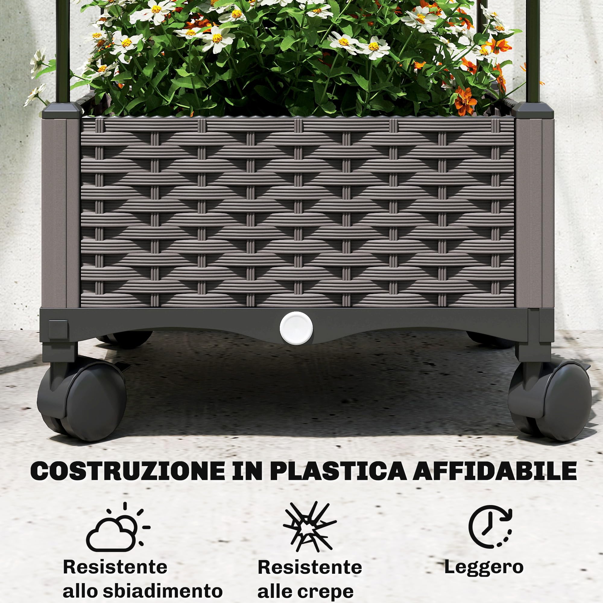 Outsunny Letto da Giardino Rialzato Alto 185 cm Autoirrigante in Metallo con Traliccio, con 4 Ruote Bloccabili per Piante Rampicanti, Fioriera con Fori di Drenaggio per Verdure e Fiori, Nero
