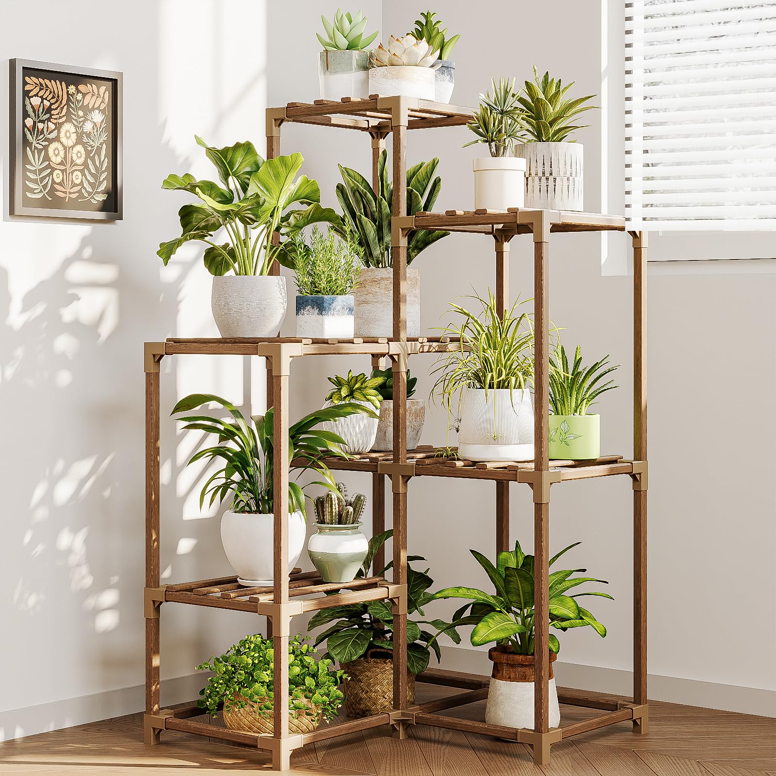 Plant Stand Indoor Plant Shelf Outdoor Corner Wood Plant Table 7 Pots Flower Stands for Living Room Plant Rack Indoor for Multiple Plants Patio Balcony Garden Decor