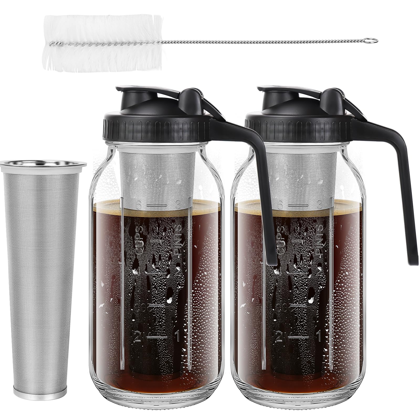 2 Pcs 64oz Cold Brew Coffee Maker Jars, Large Glass Mason Pitcher, 1.9 Liter Mason Jugs with Airtight Lids Filter for Lemonade Ice Tea Fruit Drinks