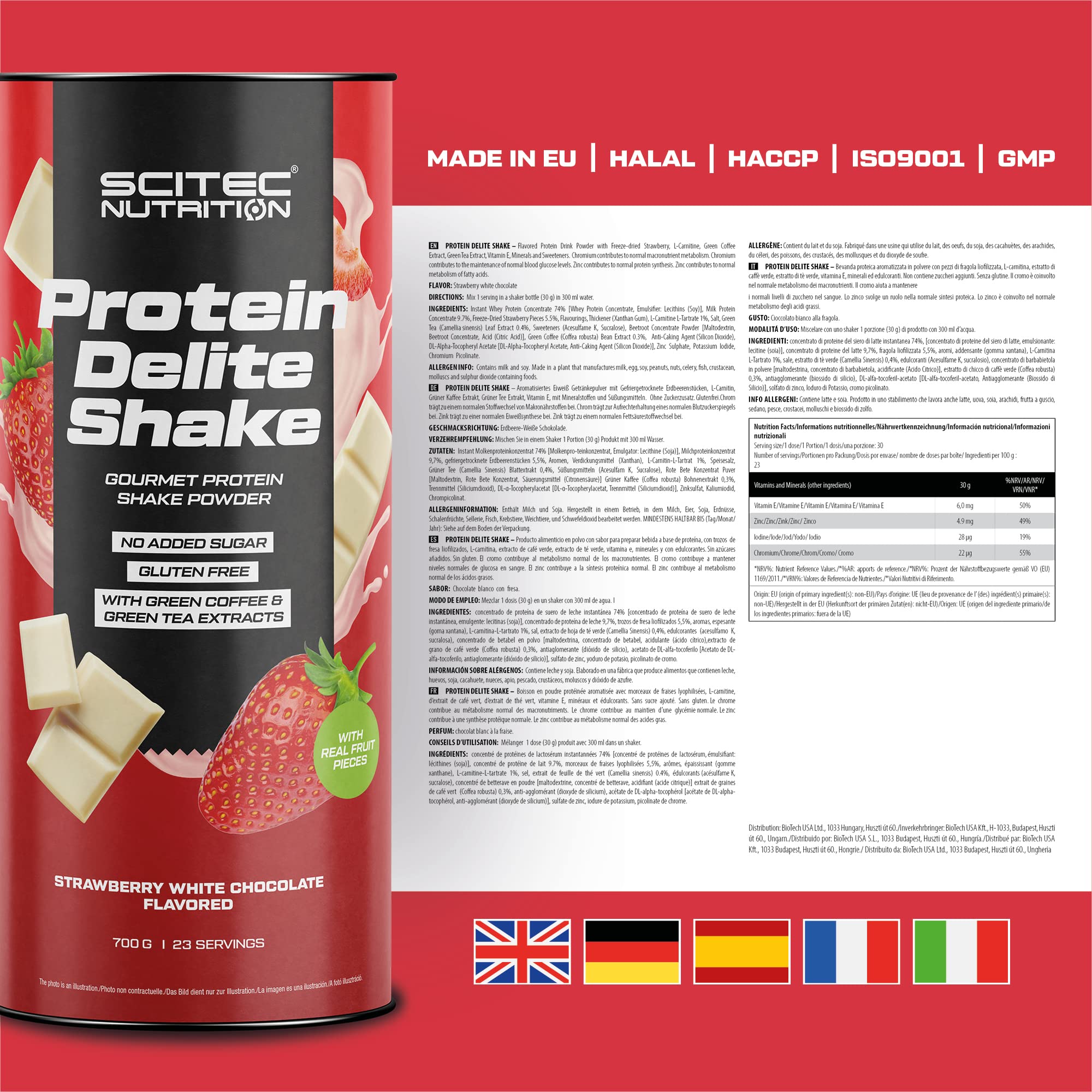 Scitec Nutrition Protein Delite Shake Bevanda proteica aromatizzata in polvere con pezzi di fragola liofilizzata, L-carnitina, estratto di caffè verde, 700 g, Cioccolato bianco alla fragola