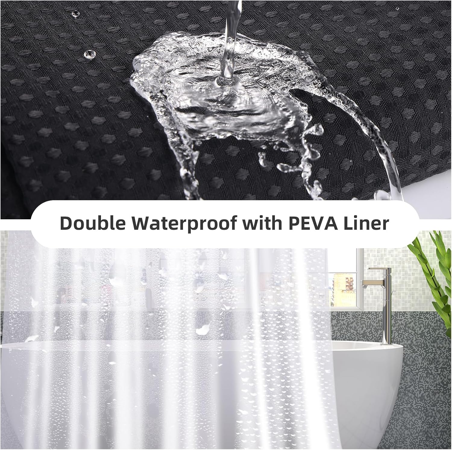 LaCyan Waterproof Waffle Shower Curtain, 258GSM Heavy Duty 3 Piece Set with Clear Liner and 6 Stainless Steel Hooks, Polyester Fabric Shower Curtains for Bathroom, Machine Washable, 36x72 Inch, Black