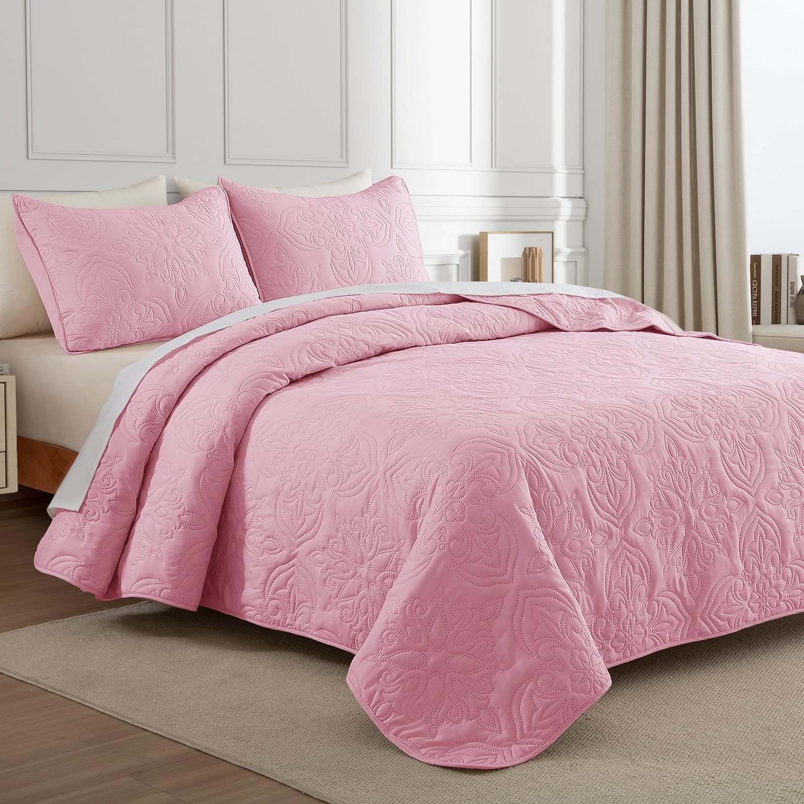 Juego de ropa de cama suave tamaño Queen para todas las estaciones, juego de edredón ultrasónico de damasco vintage, colcha reversible ligera, cubrecama con 2 fundas de almohada, rosa 2