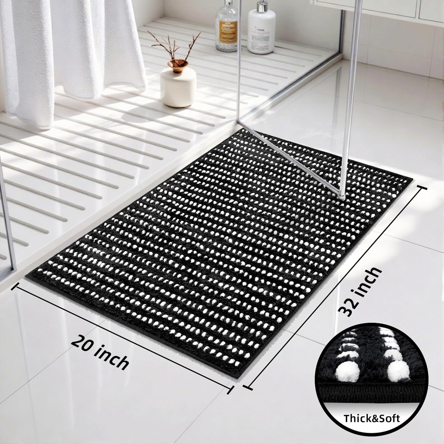 Bathroom Rugs 32'' x 20'', Extra Soft & Super Absorbent Bath Rugs Mat Non Slip Machine Washable, Quick Dry Bath Mats, Shaggy Microfiber Chenille Bath Rug for Bathroom Floor, Tub and Shower, Black