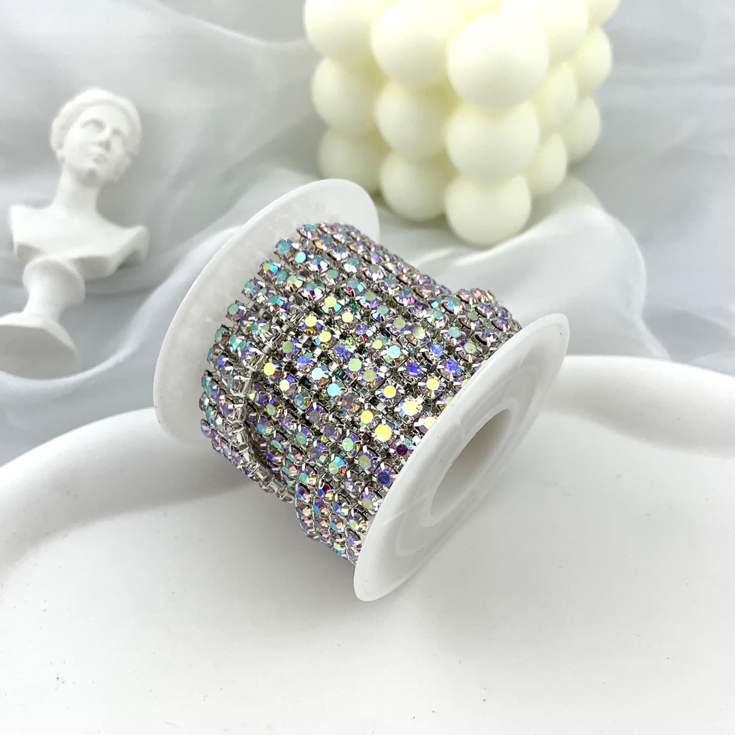 1 Yard 4 Rows SS16 3/5 inches Close Rhinestone Chain Trims Cup Chain Wedding Cake Decoration (Crystal AB Rhinestone+Silver Plated Chain)
