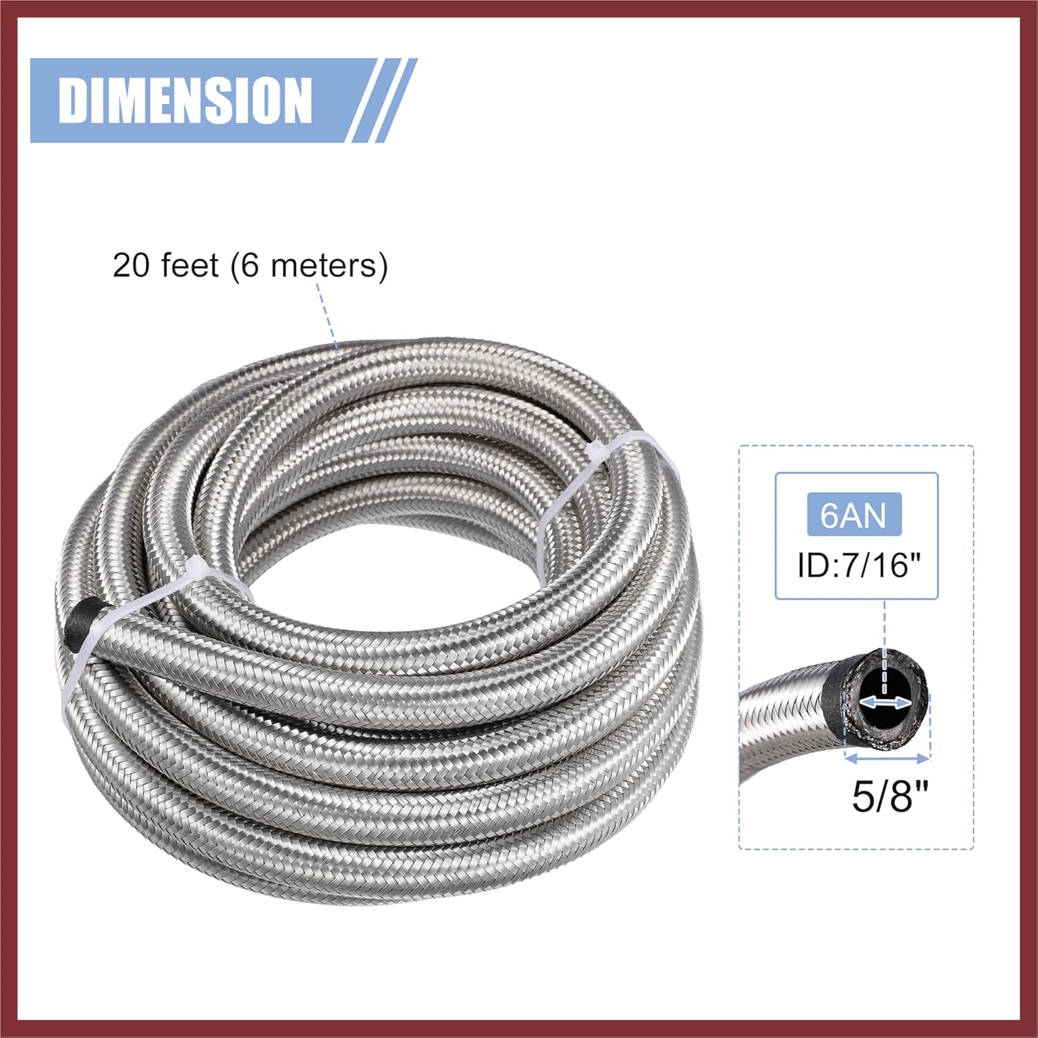 Car 20ft 8AN 1/2" Universal Braided Oil Fuel Line Hose Kit CPE Oil Gas Stainless Steel Filler Feed Hose W/ AN8 Hose End Fitting Adapters SilverTone Replace Parts
