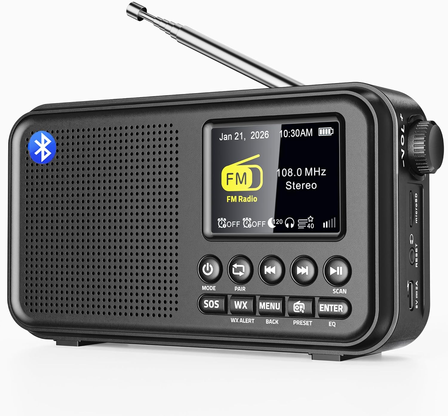 Portable FM Radio with Bluetooth, NOAA Weather Alert & Rechargeable Battery