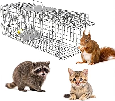 24" Humane Animal Trap, Foldable Live Cage Traps, Durable Galvanized Steel Trap Cage for Small Stray Cats Rabbits Racoons Beavers Groundhogs and Other Live Animals, Easy to Catch and Release