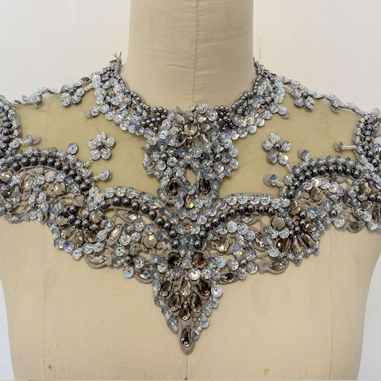 White Beaded Lace Applique Party Dress Shoulder Applique Sparkling Accents for Wedding Prom