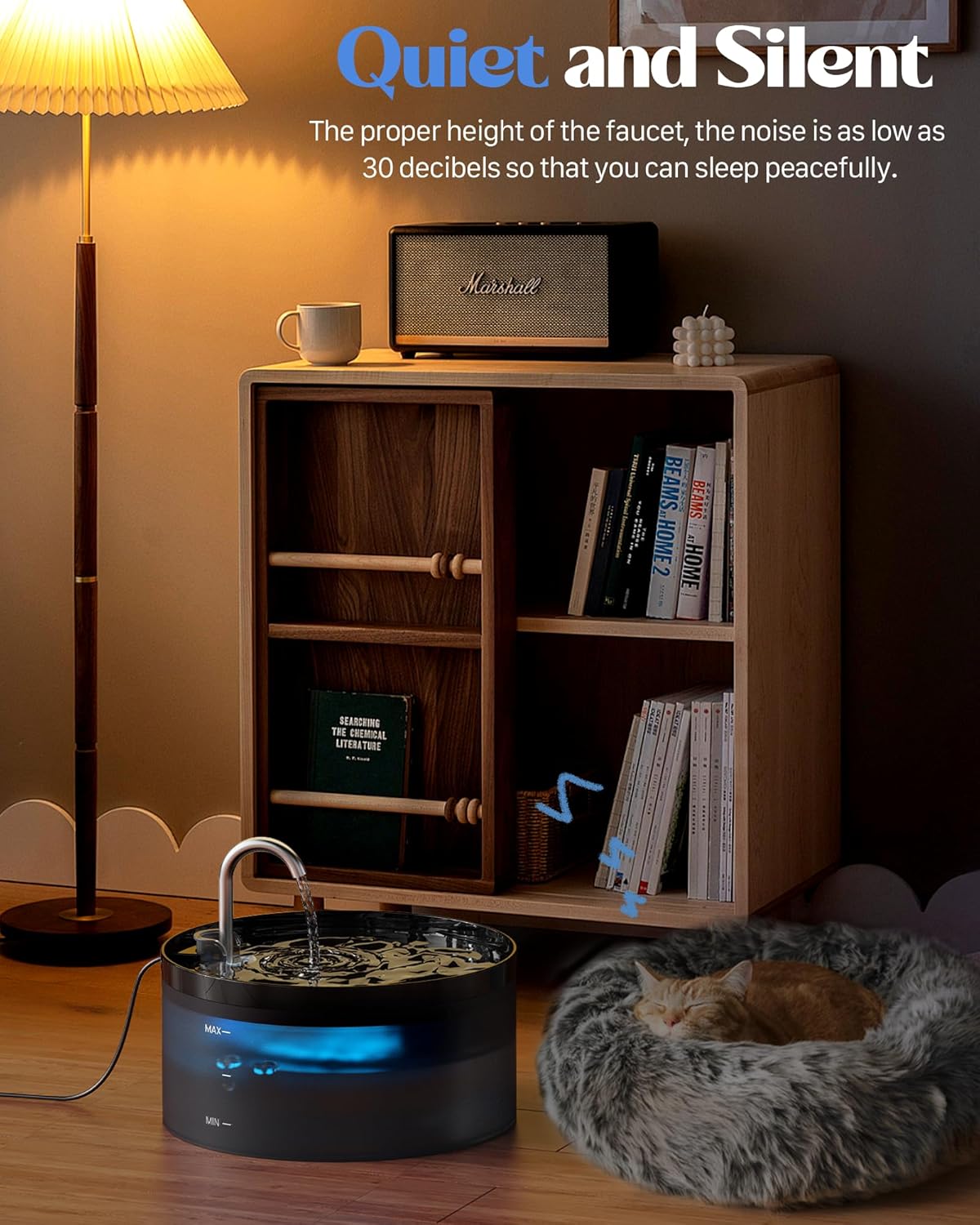 A cat sleeping peacefully next to the GIOTOHUN H1-3.2L Cat Water Fountain, indicating quiet operation.