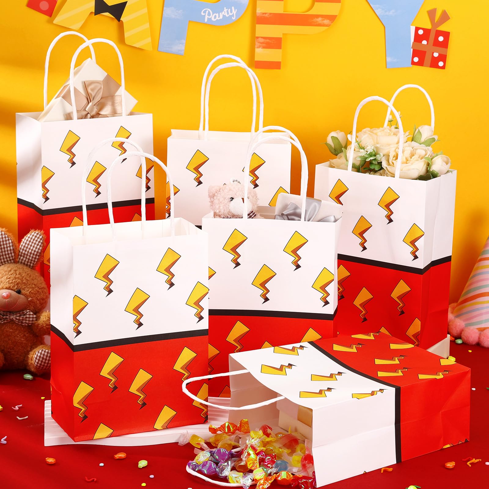24 Pcs Cartoon Animation Gift Bags Red Birthday Party Bags Paper Goodie Bag with Handle Candy Bag Decorations for Birthday Holiday Event Supplies Gift Fillers