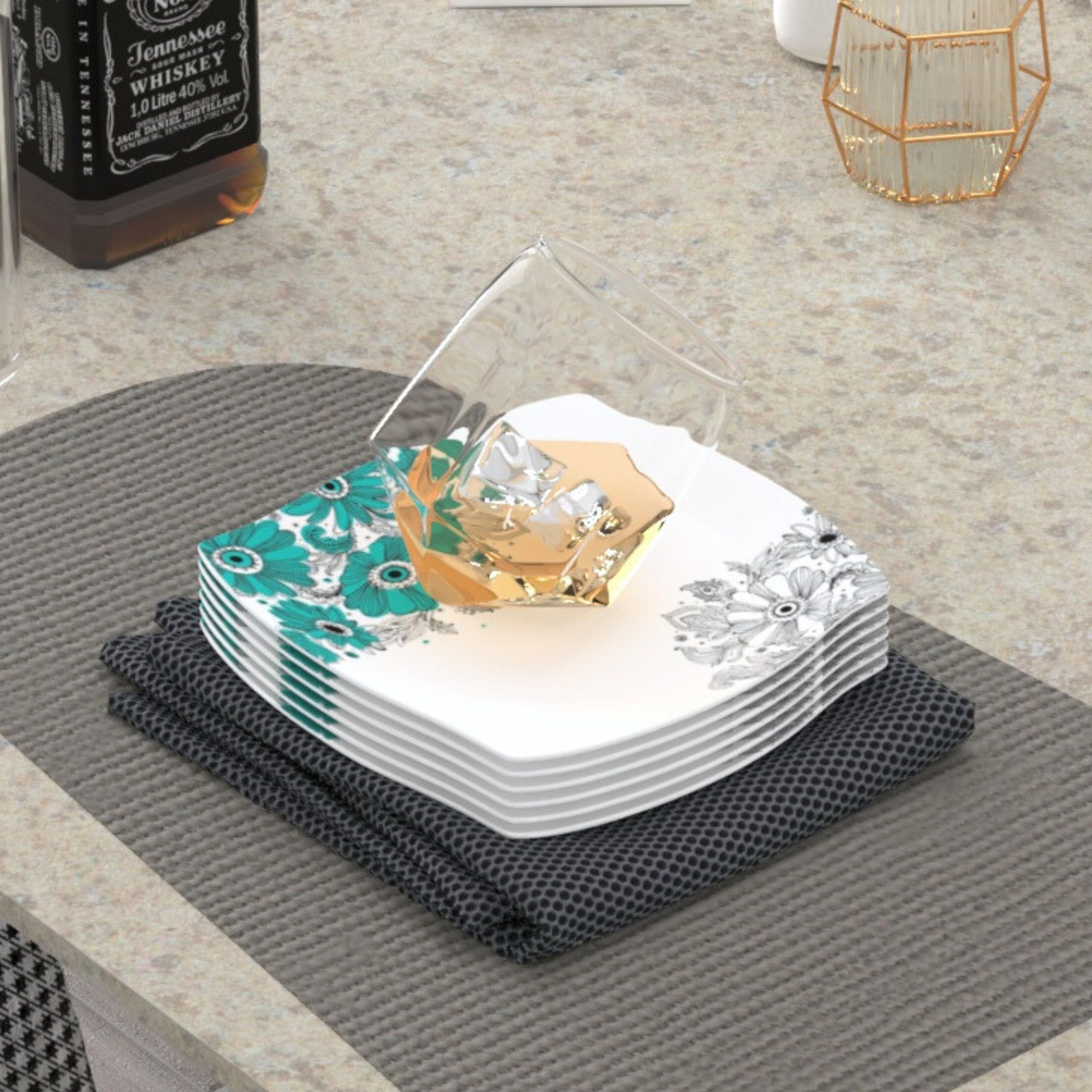 Castleite Marvella Melamine Quarter Plates Set of 6 for Serving - Size - 8', Edgy Square, Unique Design, Break Resistant for Home, Kitchen, Restaurant, Party - Dishwasher Safe (Teal Blue)