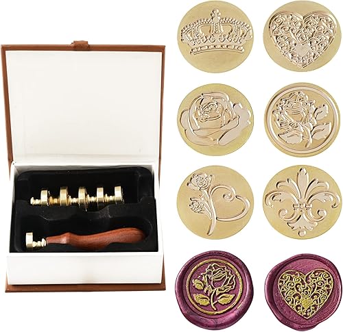 Ailtuer - Juego de sellos vintage  6 cabezas de sello de cera de sellado serie Plant + mango de madera, caja de regalo (flor, rosa, corazón, corona)