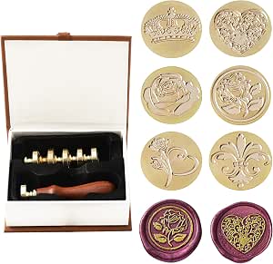 Wax Seal Stamp Set, 6 Pieces Brass Heads and 1 Wooden Handle Sealing Wax Stamp K