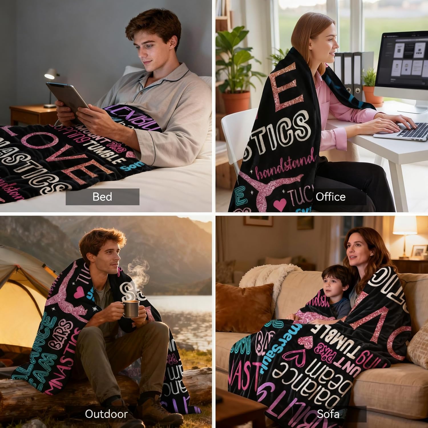 Gymnastics Throw Blanket for Girls, Soft Cozy Blanket with Glitter-Style Gymnastics Words & Silhouette, Pink Blue Gymnast Decor, Gifts for Gymnasts, 40"X50" - Image 6