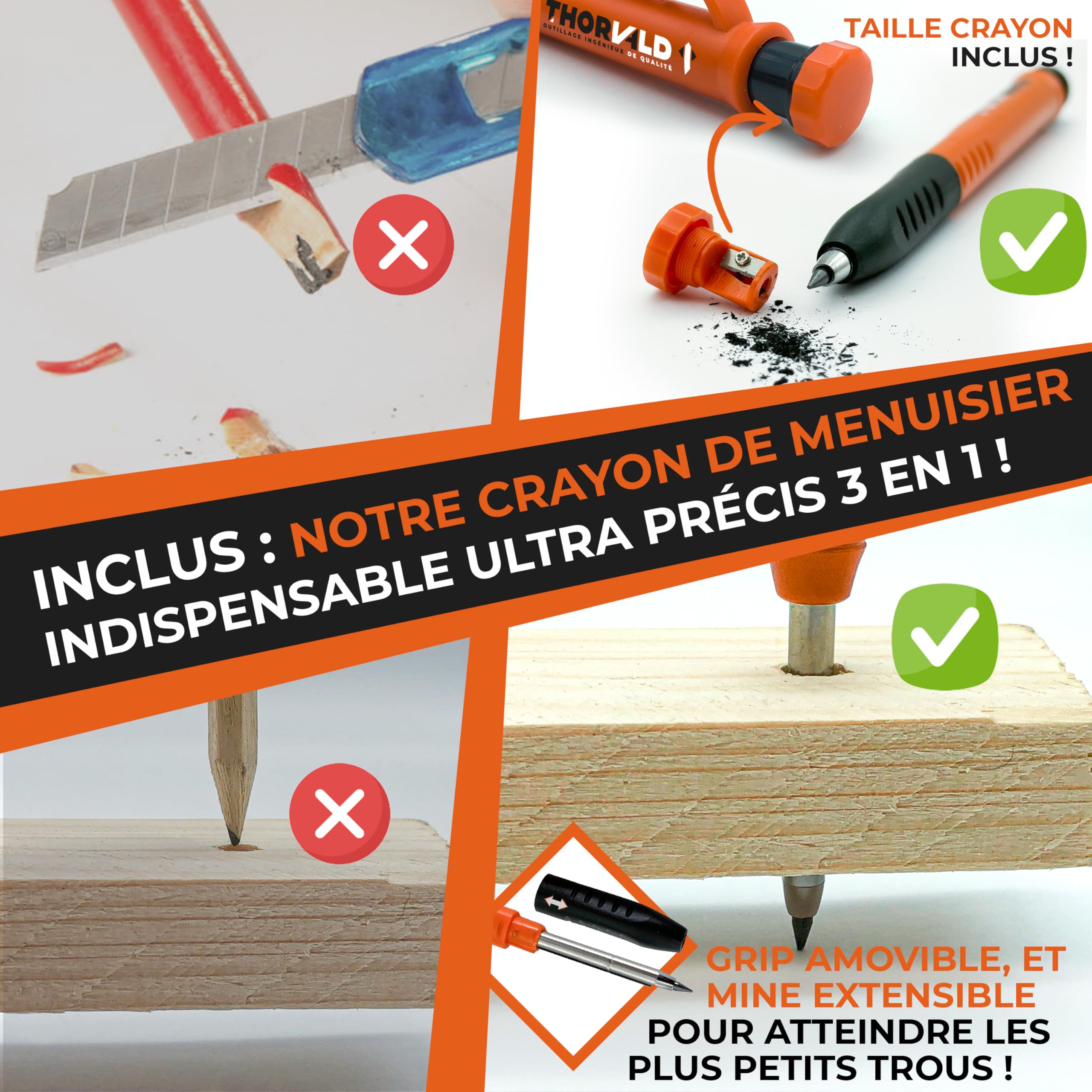 THORVALD Pack 7 en 1 Equerre Menuisier 180 mm + Charpentier 300 mm + Crayon Chantier - Multifonction : Trusquin/Raporteur/Pente de toit/Equerre a chapeau - Aluminium - Outil pour gagner du temps