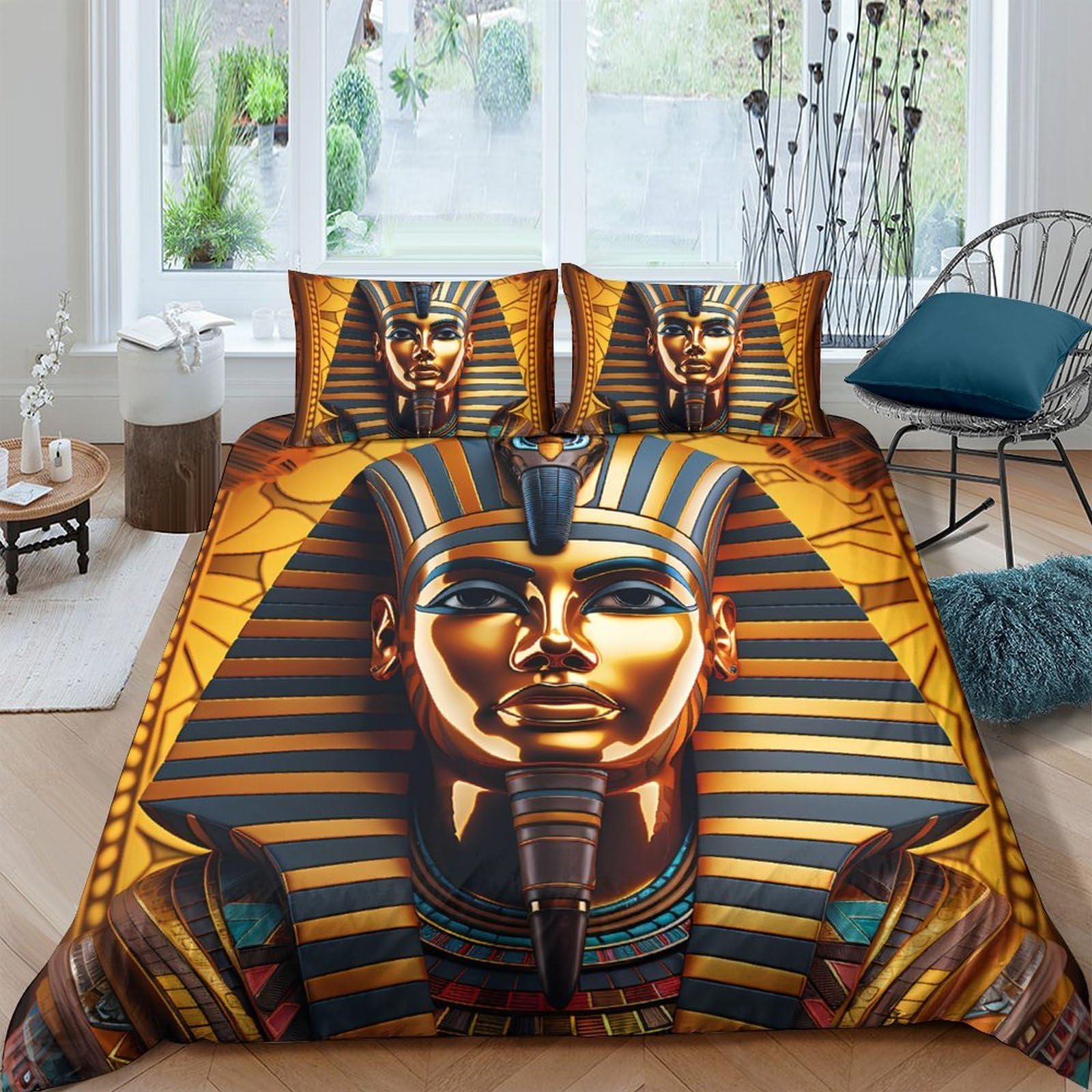 Ctjqhvkz Style-1 3D Printed Egyptian Pharaoh Fitted Sheet Microfiber Golden Ancient Mask Bed Cover For Bedroom Guest Room Decor Protection Single（135X200cm）