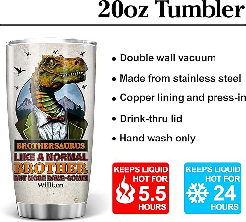 Miniatura 7 de PREZZY Vaso personalizado de Brothersaurus Like A Normal Brother But More Rawr-Some con tapa, 20 onzas, regalos de Navidad, cumpleaños, para