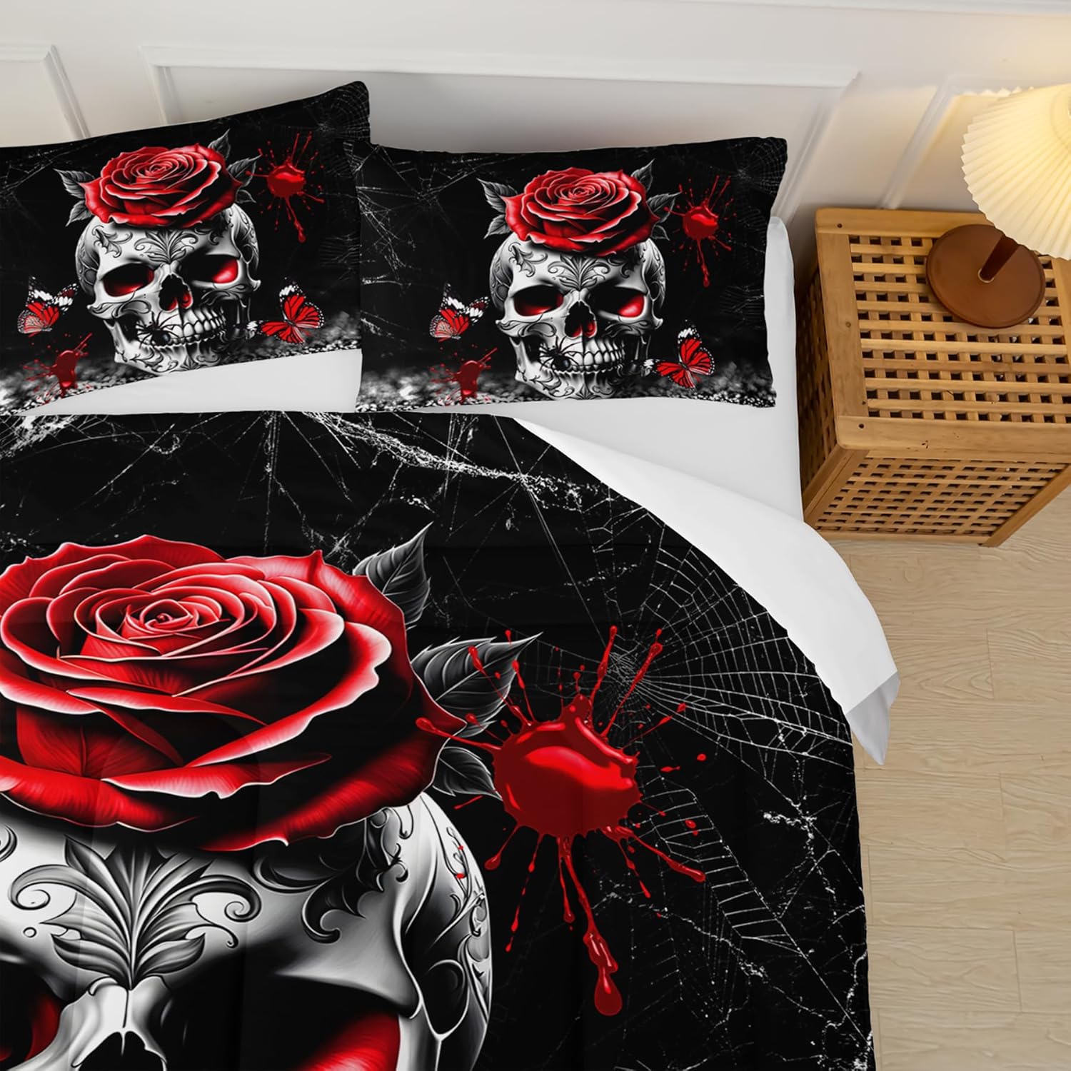 Gothic Skull Comforter Set Queen Size for Boys Girls,Skeleton Bone Spider Butterfly Print Horror Bedding Set,Sugar Skull Halloween Theme Comforter Set Red Black Bedding Set - Image 4