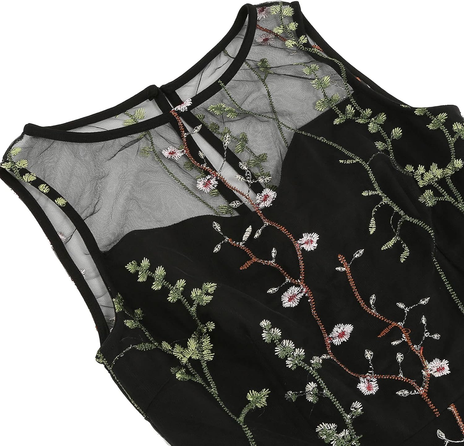 Women Cocktail Party Dress Keyhole Floral Embroidery Dress Sheer Mesh Illusion Vintage Swing Dress Wedding Prom Tulle Dress