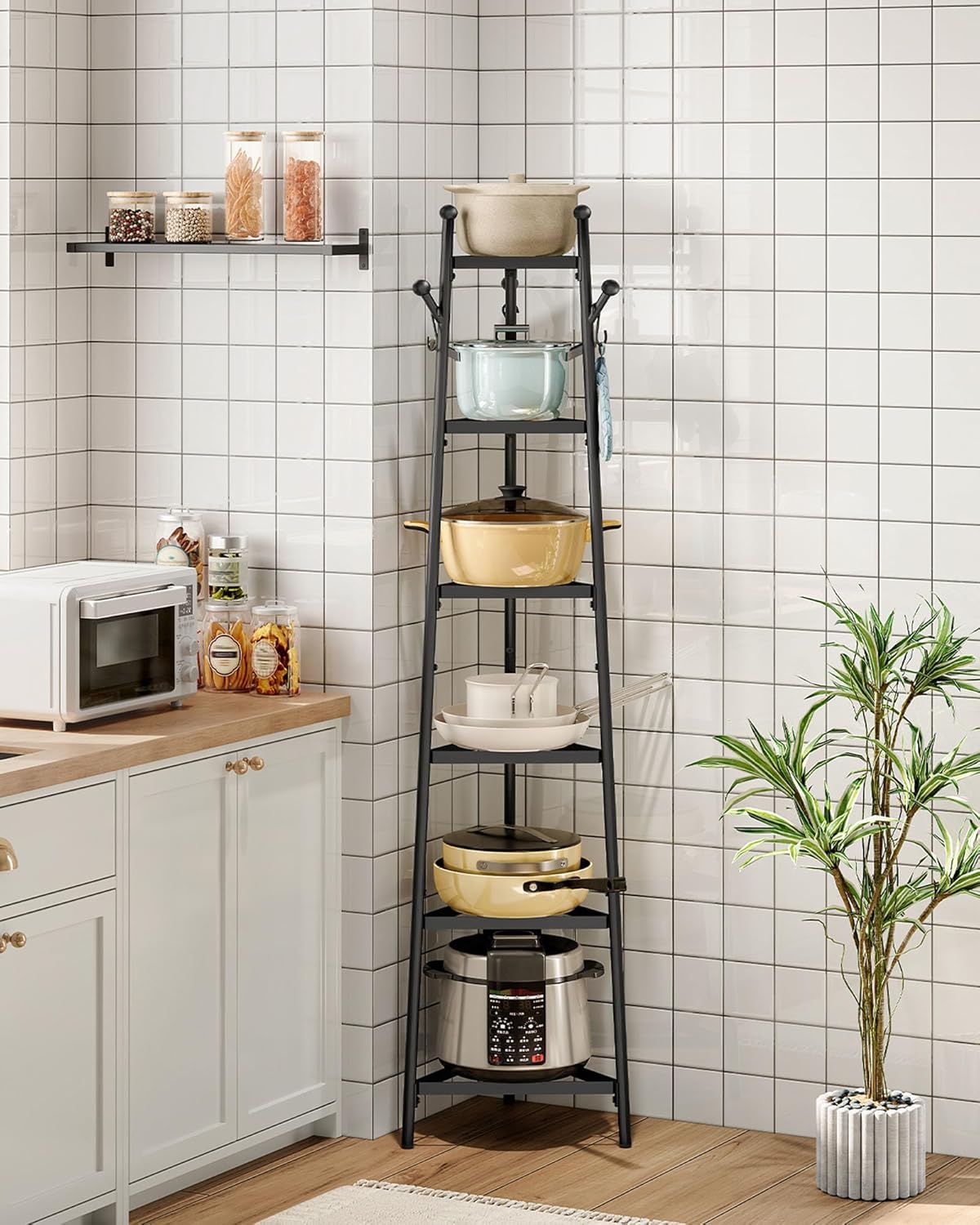 6-Tier Triangle Pot Rack Organizer for Kitchen & Living Room, Black