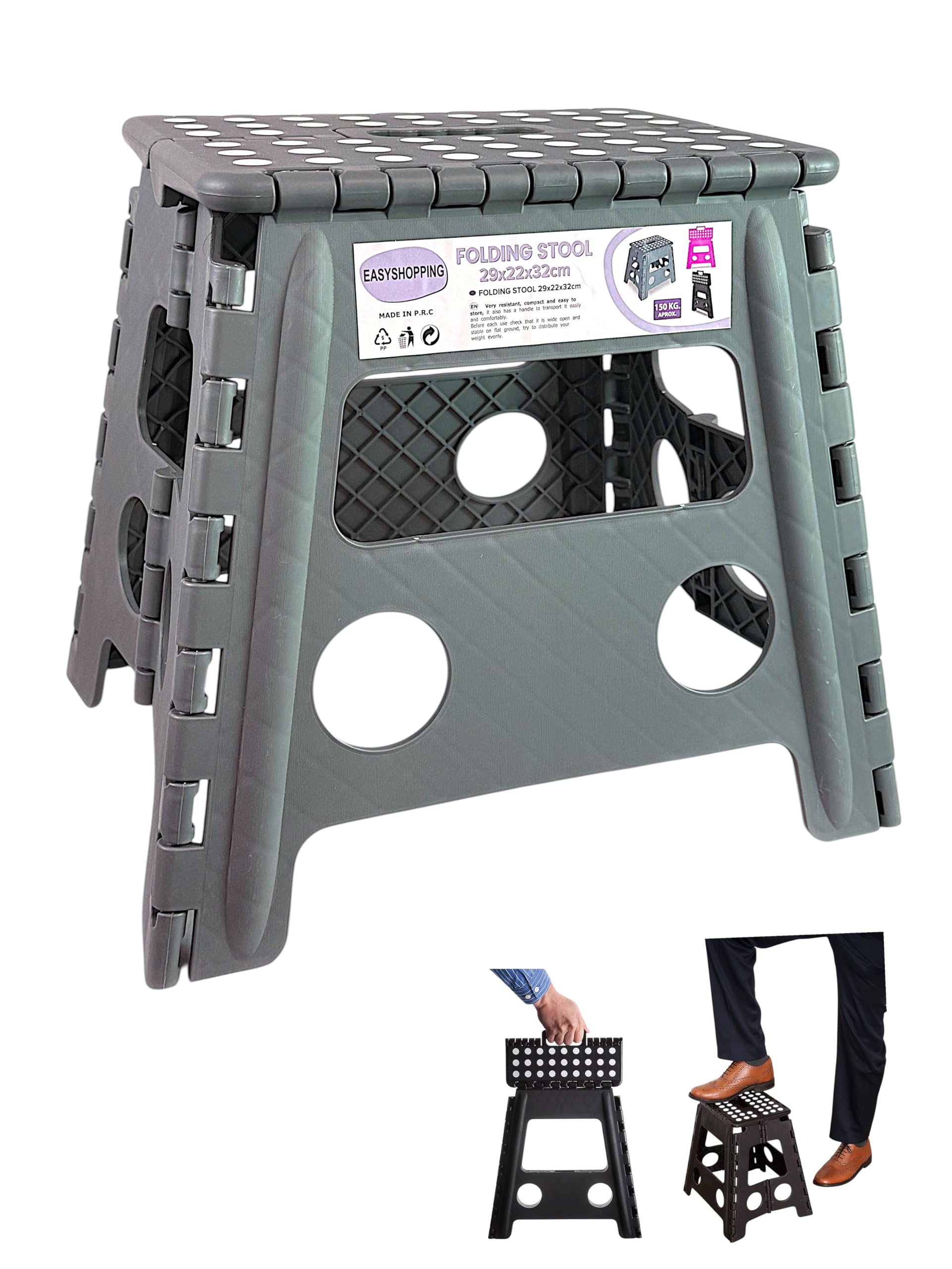 Heavy Duty Folding Step Stool 12.5"/32cm Non Slip Footstool for Toddlers, Children & Adults | Portable, Lightweight Plastic Footstep Carrying Handle for Indoor or Outdoor, 150kg Capacity (Grey)